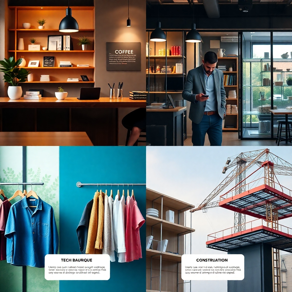 Een fotorealistische collage die diverse bedrijven laat zien: een koffieshop, een tech-startup, een kledingboetiek en een bouwbedrijf. Elke sectie moet een kleine, schone website-ontwerpminiatuur hebben, die een professionele website suggereert die is afgestemd op elke specifieke niche. De enorme stam wordt opgewekt en toont veelzijdigheid en professionaliteit. Hoge resolutie en scherpe focus zijn vereist.