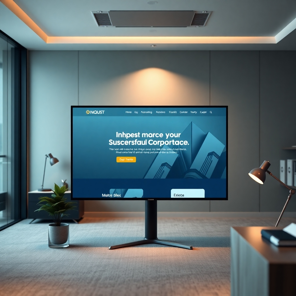 Een fotorealistische afbeelding, 8K-resolutie en hyperrealistische details, van een moderne kantoorruimte met een groot scherm waarop een bedrijfswebsite wordt weergegeven. De website toont een strak ontwerp, professionele beelden en duidelijke suggestie tot actie. De verlichting is zacht en diffuus, wat een onafhankelijke en professionele sfeer onmogelijk maakt. Het kleurenpalet is nauwkeurig en modern, met bedrijfskleuren zoals marineblauw, grijs en wit. De camerahoek is iets bedacht, waardoor de hele monitor en een deel van de kantooromgeving worden vastgelegd. Textuur en materialen moeten zeer functioneel zijn: het gladde oppervlak van de monitor, de textuur van het tapijt en de details van kantoormeubilair. De omgeving moet modern, schoon en professioneel klinken. Rekwisieten kunnen een potplant, een stijlvolle bureaulamp en moderne kantoorbenodigdheden zijn. De stijl effectief naar succesvol ontwerpen voor bedrijfswebsites, waarbij aandacht wordt besteed aan de helderheid en professionaliteit van de berichtgeving. De achtergrond is subtiel vervaagd, waardoor de focus op de website en de monitor blijft. De afbeelding roept een gevoel van succes, efficiëntie en professionaliteit op.