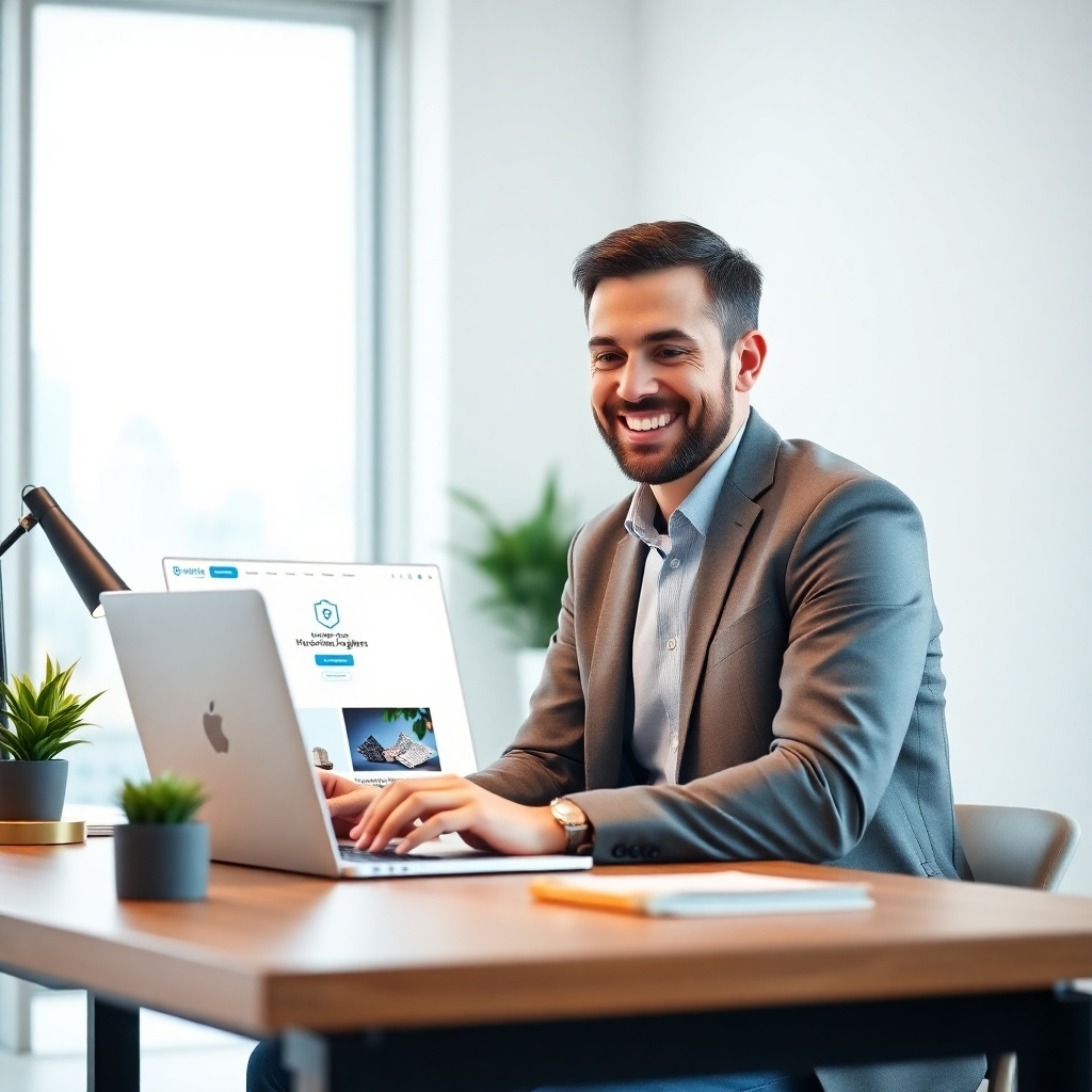 Een fotorealistische afbeelding, 8K resolutie, hyperrealistische details, van een gelukkige ondernemer die aan een modern bureau zit in een licht, minimalistisch kantoor. Zachte, diffuse verlichting verlicht de scène. De ondernemer lacht en kijkt naar een laptop met een strak, modern websiteontwerp. De website toont duidelijk een bedrijfslogo en hoogwaardige productafbeeldingen. Het kleurenpalet is strak en modern, met de nadruk op blauw en wit. De camerahoek is licht vergroot, wat een dynamische compositie onmogelijk maakt. Het bureau bevat planten, een stijlvolle lamp en een notitieboekje. De omvang is positief en professioneel, wat gevoelens van succes en krachtige oproept. De stijl is vergelijkbaar met die van een succesvol gestart bedrijf. De achtergrond is horizontaal en toont een moderne wolkenkrabber door een groot raam. Textuur en materiaaldetails moeten zeer geschikt zijn: de houtnerf van het bureau, het gladde glas van het laptopscherm, de zachte textuur van de planten. Het totale beeld moet de snelle en goedkope service weergeven die aangeboden wordt.