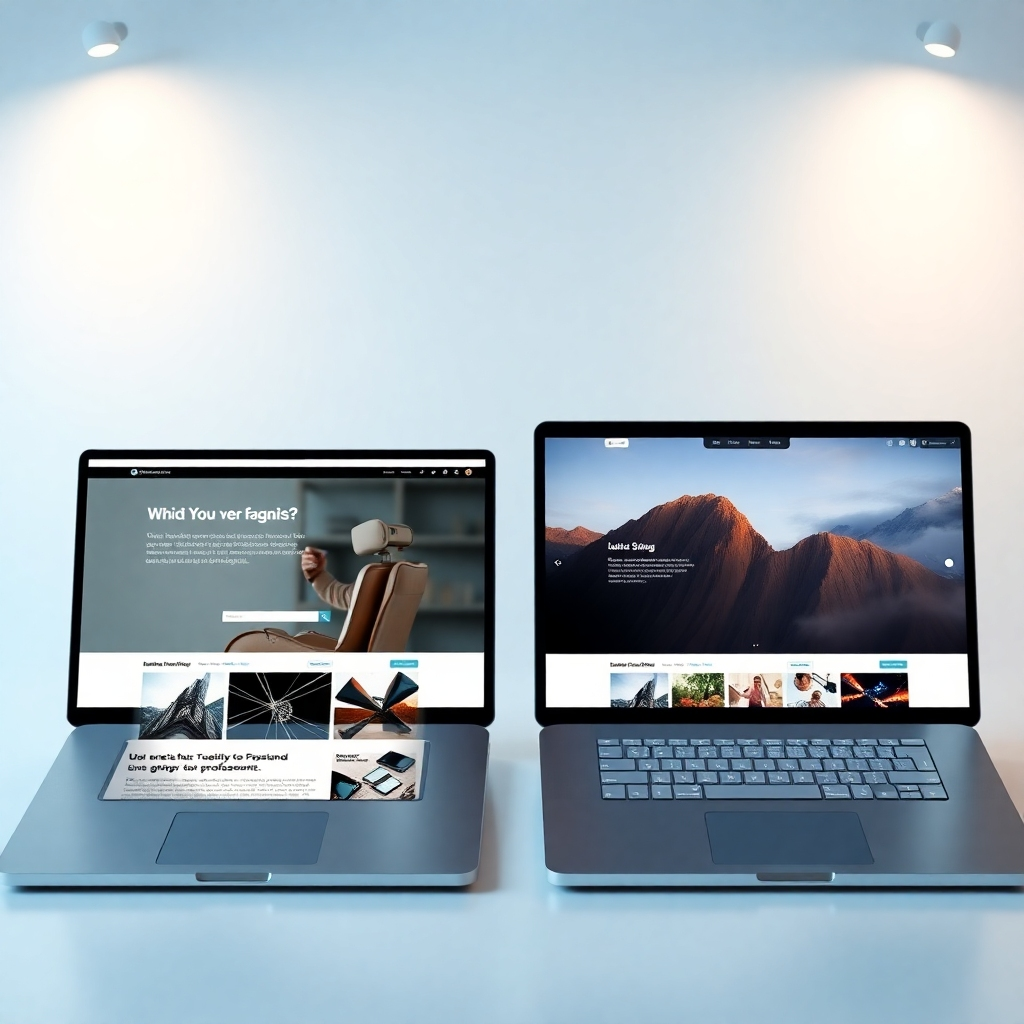 Een fotorealistische afbeelding van twee websites. De ene website is slecht ontworpen en professioneel, de andere is strak, modern en visueel aantrekkelijk. Dit indirecte waardepropositie van het kiezen van een professioneel ontworpen website. De afbeelding moet het contrast in kwaliteit hebben en een schone en esthetische compositie behouden.