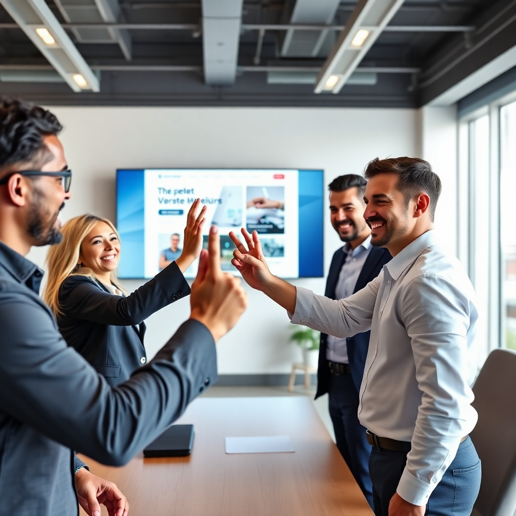 Een fotorealistische afbeelding van een divers team van professionals die lachen en high-fives geven in een modern, licht kantoor. Eén persoon wijst naar een groot scherm met een strak, modern websiteontwerp. Het enorme gevoel moet een succes, samenwerking en snelle vooruitgang zijn. Focus op een schone, professionele en verticale look.