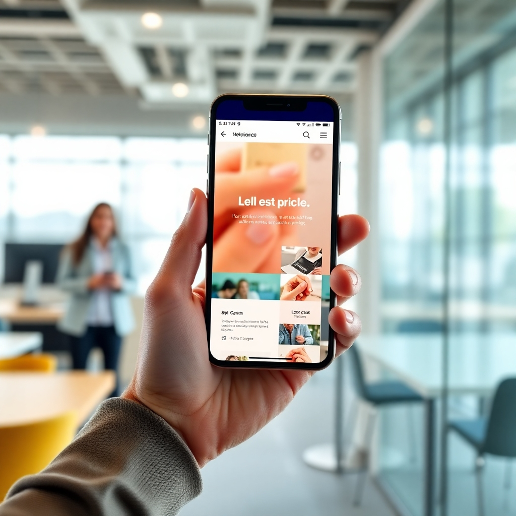 Een fotorealistische afbeelding van een hand die een smartphone vasthoudt en een mockup van een websiteontwerp toont. De achtergrond is indirect, maar toont een tevreden klant, een modern kantoor en een afbeelding die lage prijzen laat zien. Benadruk betaalbaarheid en toegankelijkheid. De afbeelding moet helder, schoon en visueel aantrekkelijk zijn. De mockup van de website moet er professioneel uitzien.