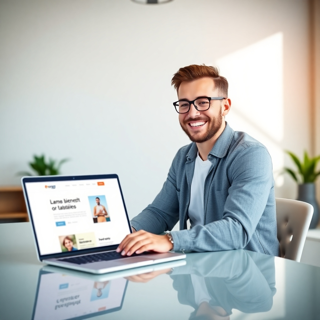 Een fotorealistische afbeelding van een gelukkige ondernemer die aan een modern bureau zit en lacht naar zijn nieuwe website, weergegeven op een strakke laptop. De achtergrond moet een helder, minimalistisch kantoor zijn met natuurlijk licht. Het laptopscherm moet duidelijk een professioneel en modern websiteontwerp laten zien. De totale stam moet een succes zijn en opluchten.